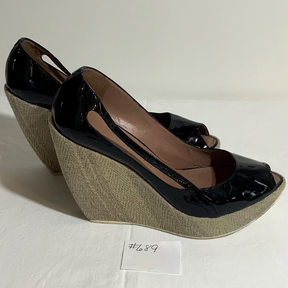 TaPeet by Vicini - Black Patent Open Toe platform fabric wedge